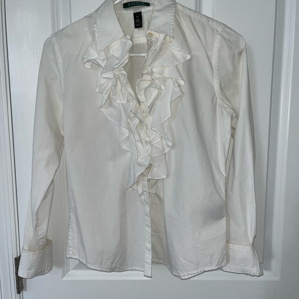 White Ruffled Button-Up Shirt